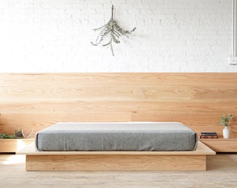 The Driftless - Platform Bed Frame and Headboard - Extended Headboard - Solid Wood - Floating Drawers - Handmade in USA