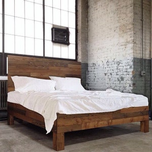 Platform bed frame and headboard set. Made of natural solid wood. Handcrafted in the USA. Heirloom quality furniture. Sustainably sourced materials. Farmhouse. Cottage. Barn wood style.