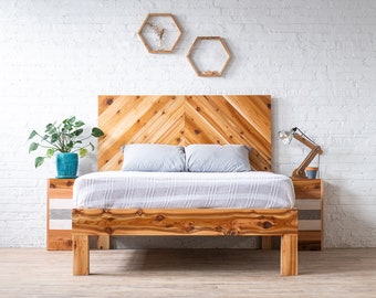 The Long Canyon - Cedar Barn Wood Style - Natural Chevron Headboard and Platform Bed Frame - Modern Rustic - Organic - Handmade in USA