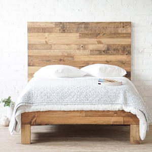 Platform bed frame and headboard set. Made of natural solid wood. Handcrafted in the USA. Heirloom quality furniture. Sustainably sourced materials. Farmhouse. Cottage. Barn wood style.