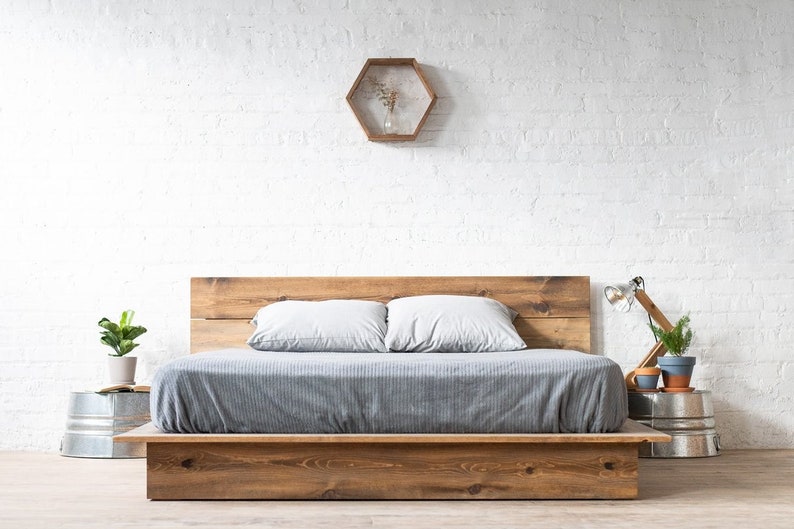 Natural solid wood platform bed frame. Modern, rustic design. Made in the USA.