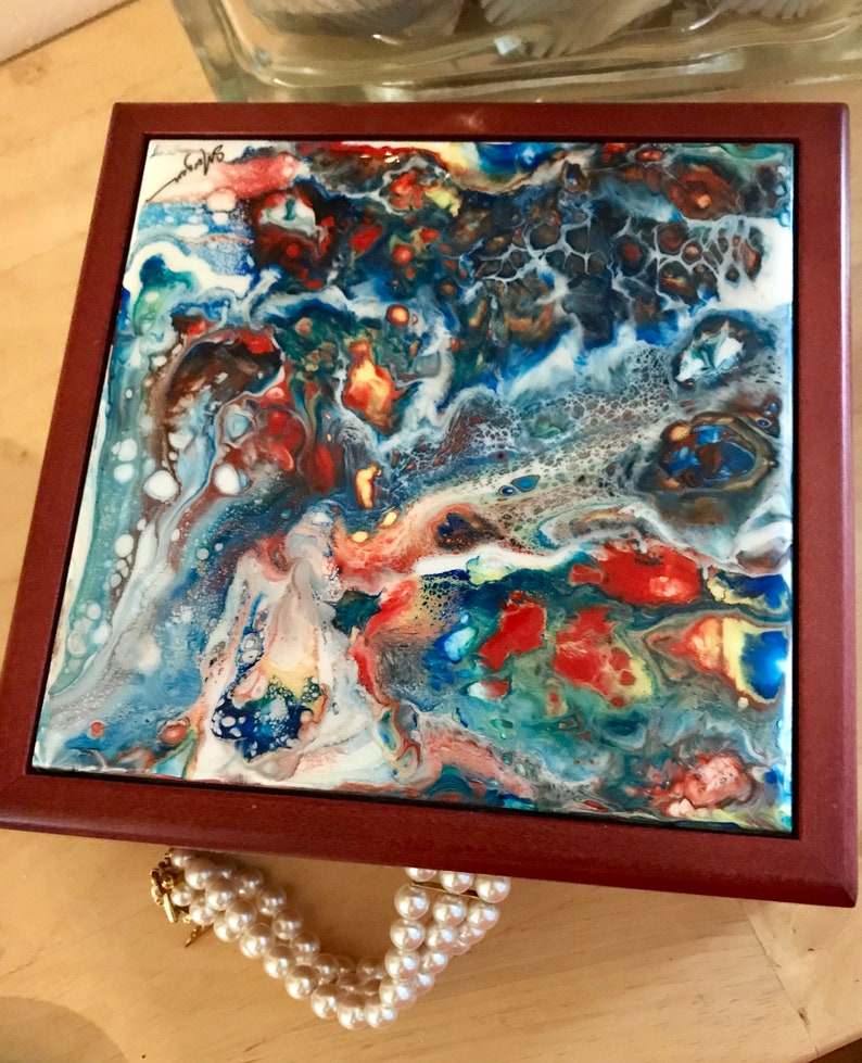 Rosewood Keepsake Gift or Jewelry Box with Poured Acrylic Tile