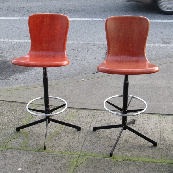 SOLD OUT.   Pair of Orange Mid Century Fiberglass Swivel Back Bar Stools  Excellent Vintaqge Condition