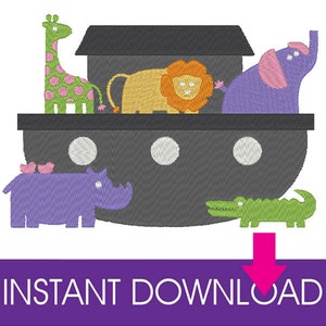 May include: Embroidered design of Noah's Ark with various animals, including a giraffe, lion, elephant, hippopotamus, and alligator. The ark is gray with white circles and a brown roof. The animals are in various colors, including green, yellow, purple, and pink.