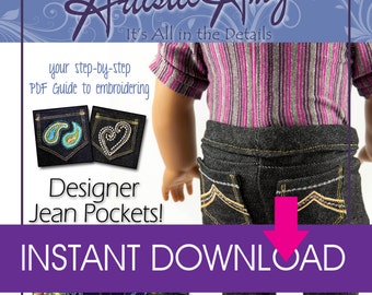 PDF Guide to embroidering Designer Jean Pockets for American Girl Doll Jeans