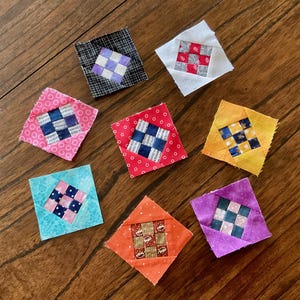 Scrappy Mini Quilt Blocks - Unfinished 9 Patch in a Square (2 3/4") Set of 6