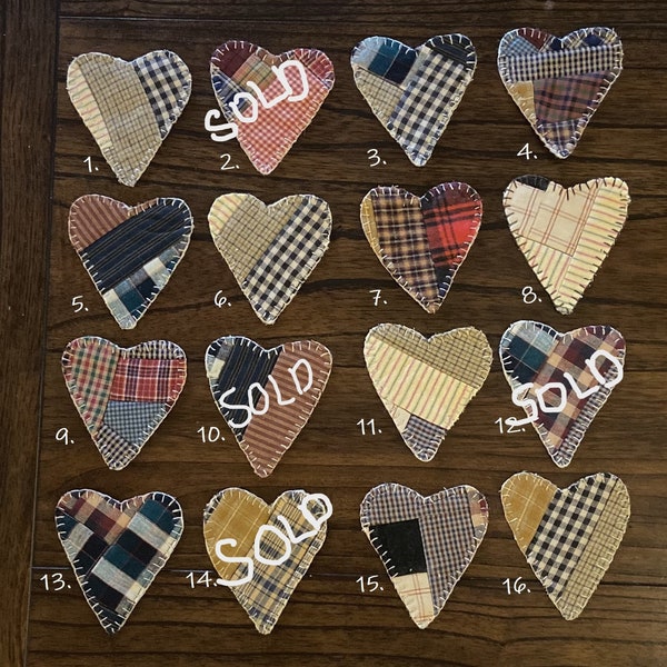 Patchwork Hearts/Primitive/Plaid/Bowl Filler/Ornament/Handmade/Homespun Hearts/Vintage Look/Embellishment/Valentines/Garland