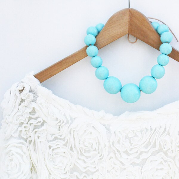 Tiffany glow - aqua blue wooden necklace, chunky, statement, wood round beads