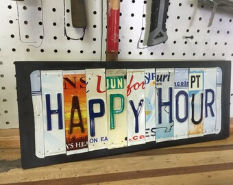 Happy Hour License Plate Letter Sign Unique and fun Wood Art Craft Any Word Saying or Phrase License Plate Art