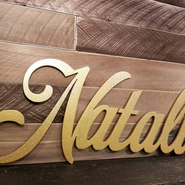 Name Natalie Cutouts, Baby Name Sign, Nursery Sign, Name Art, Word Art, Wood cutout sign, gold glitter sign, Natalie Sign, Cut out word