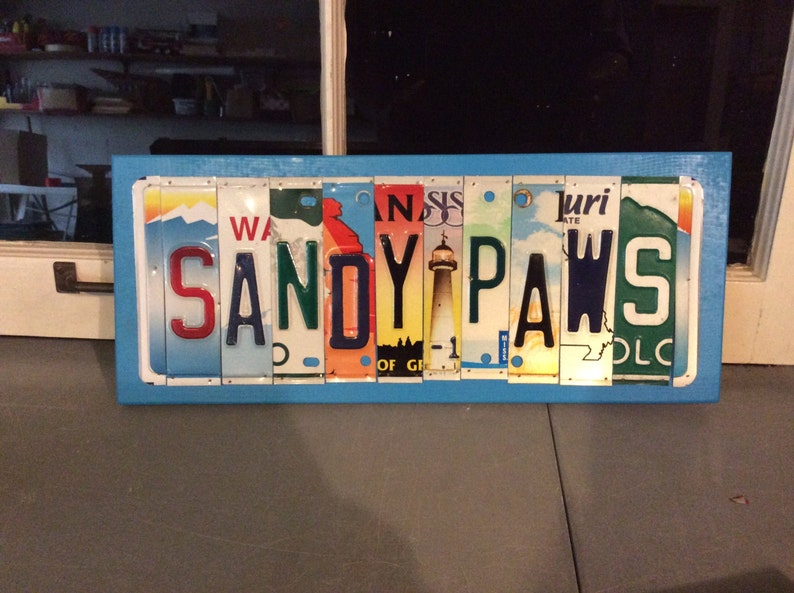 License Plate Sign License Plate letter Art Picture Home Deco SANDY PAWS License Plate Letter Sign, great dog/cat sign image 1