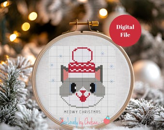 Motif de point de croix de Noël miaou, point de croix de début, téléchargement immédiat, point de croix de Noël de chat