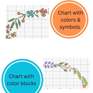 Peut inclure: Deux motifs floraux au point de croix sur papier quadrill&eacute;. L'un pr&eacute;sente des fleurs bleues, oranges et vertes. L'autre montre des fleurs violettes, vertes et oranges. Le texte indique "Chart with colors & symbols" et "Chart with color blocks."