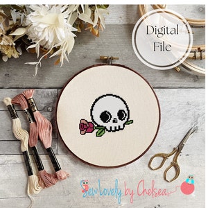 Skull Rose Cross Stitch Pattern, beginning cross stitch, Instant download, skull cross stitch