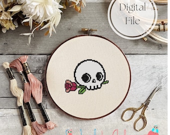 Skull Rose Cross Stitch Pattern, point de croix débutant, Téléchargement instantané, point de croix tête de mort