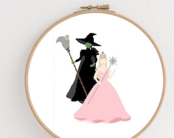Motif de point de croix inspiré des méchantes sorcières Elphaba et Glinda, début de point de croix, téléchargement immédiat, point de croix, magicien d'Oz