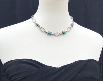 Spectacular genuine turquoise and sterling silver handcrafted adjustable necklace.