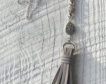 Simply Stunning Silver Druzy Suede Tassel necklace