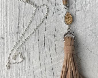 Jasper and Druzy Suede Tassel necklace