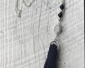 Blue Tiger Eye and Druzy Suede Tassel Necklace