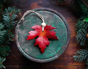 Maple Leaf Leather Ornament  - Christmas Yule - Handmade Heirloom - Holiday Home Decor