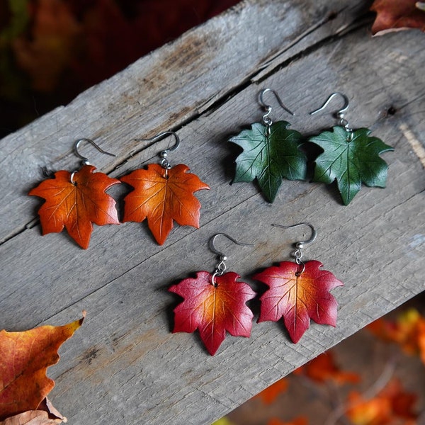 Maple Leaf Leather Earrings / Fall Gift Ideas / Cute Autumn Accessories / Fall Faerie Jewelry / Ren Faire LARP Accessories / Made In Canada