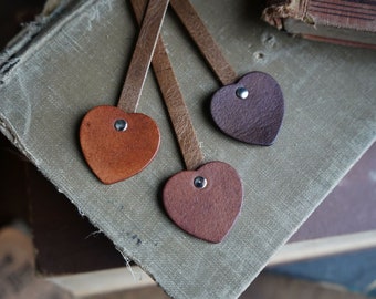 Personalized Leather Heart Bookmark Browns - Custom Recycled Leather / Handcrafted Book Accessories / Valentines Day Gift For Reader