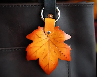 Maple Leaf Leather Bag Charm / Purse or Tote Flair / Fall Keychain / Cute Key Accessories / Autumn Gift Ideas / Made In Canada