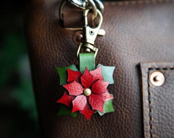 Poinsettia Mini Leather Bag Charm / Christmas Tote Accessories / Handmade Holiday Gift Ideas / Purse Zipper Flair / Flower Tassel Keychain