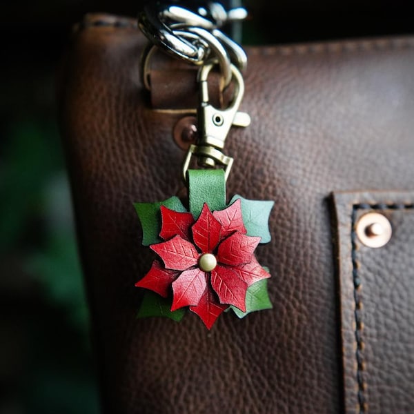 Poinsettia Mini Leather Bag Charm / Christmas Tote Accessories / Handmade Holiday Gift Ideas / Purse Zipper Flair / Flower Tassel Keychain