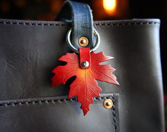 Maple Leaf Leather Bag Charm / Purse or Tote Flair / Fall Keychain / Cute Key Accessories / Autumn Gift Ideas / Made In Canada