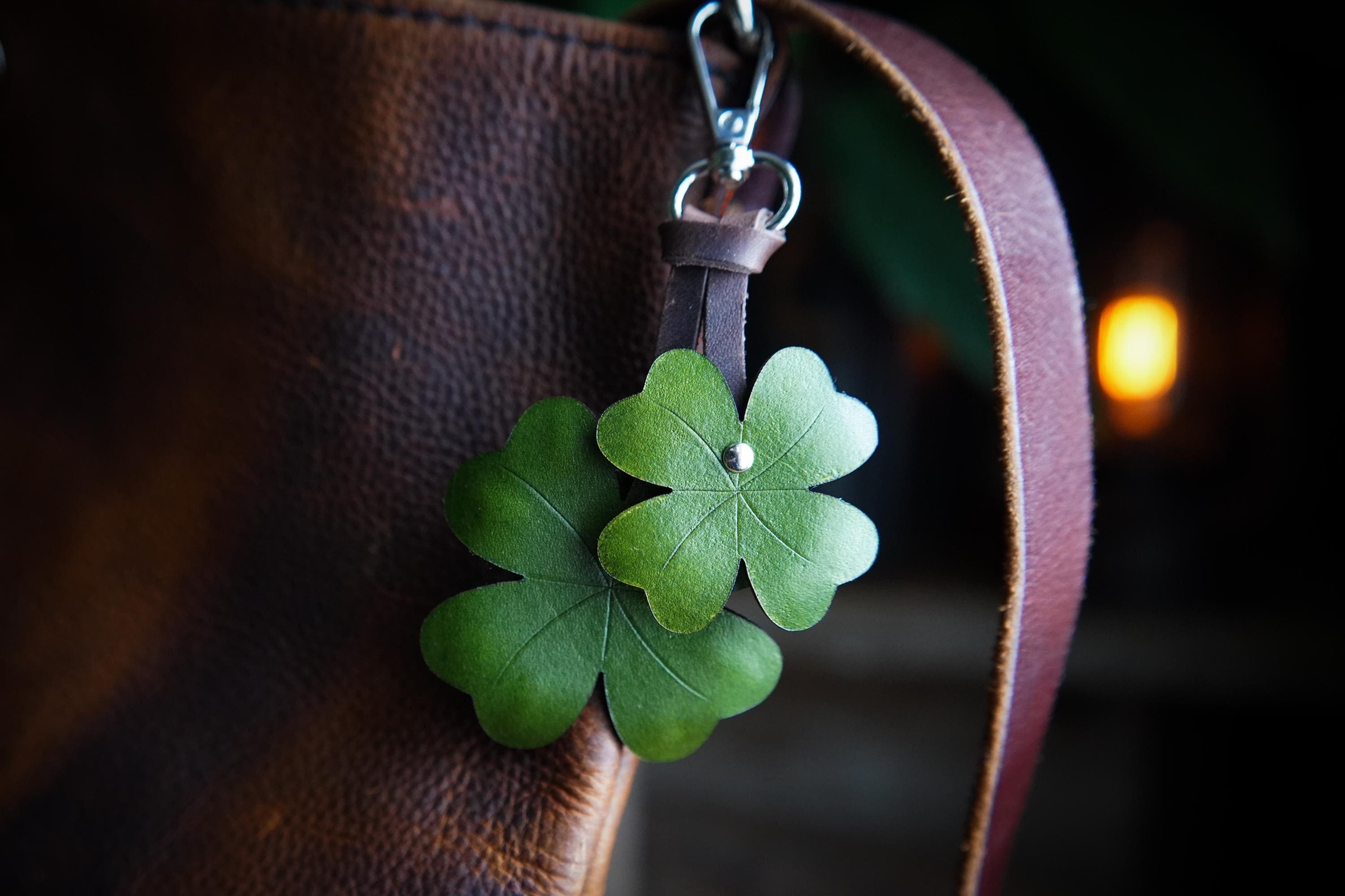 Four Leaf Clover Leather Bag Charm / Lucky Plant Lover Gift Ideas