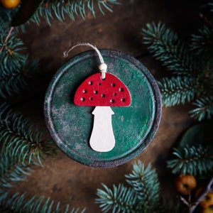 Amanita Mushroom Leather Ornament - Forager Wood Ornament Christmas Yule - Handmade Heirloom - Cottagecore Holiday Home Decor