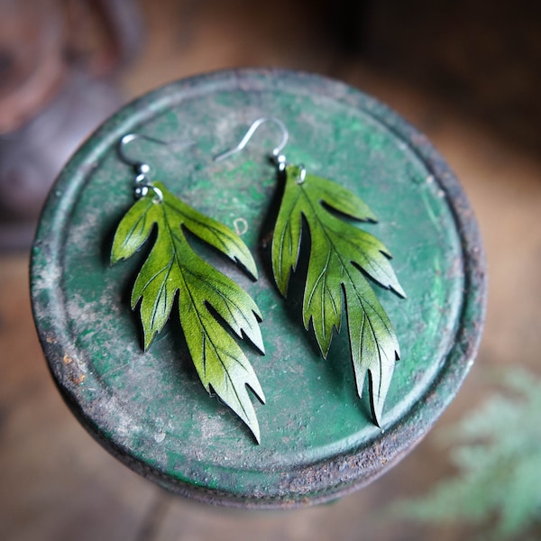 Mugwort Leather Earrings Green - Herbal Gift Ideas - Lunar Faerie Jewelry - Ren Faire LARP Accessories - Handmade Statement Earrings