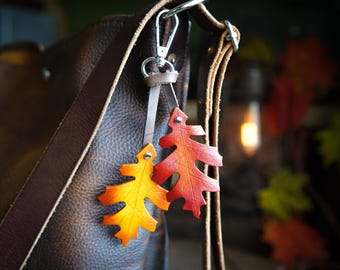 Red Oak Leaf Leather Bag Charm Keychain Swivel Clip / Fall Gift Ideas / Cute Key Accessories / Ren Faire LARP Accessories / Made In Canada