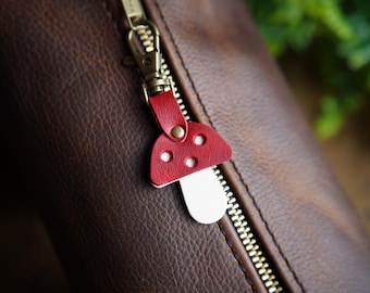 Mushroom Mini Leather Bag Charm / Upcycled Keychain / Spring Zipper Pull / Purse Charm / Forager Gift / Tote Backpack Flair / Made In Canada