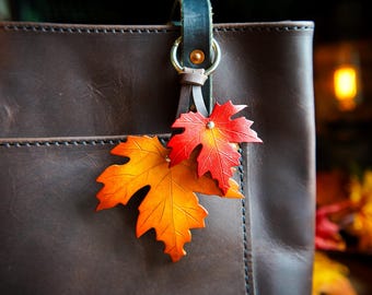 Sugar Maple Leaf Leather Bag Charm/ Fall Purse Flair / Pick Your Color Ring / Cute Tote Accessories / Autumn Keychain / Made In Canada
