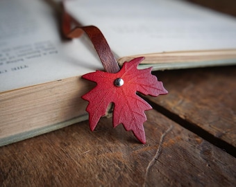 Sugar Maple Leaf Bookmark - Recycled Leather - Fall Colors - Handcrafted Book Accessories - Reader Gift Ideas - Made In Canada