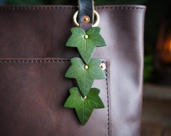 Ivy Leaf Leather Bag Charm | Handmade Custom Keychain | Cute Tote Flair | Spring Fantasy Purse Accessory | LARP Ren Faire Cottagecore Tassel