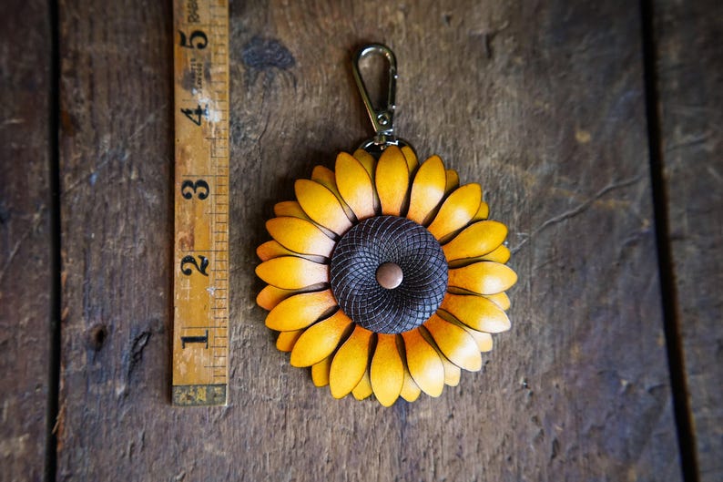 Sunflower Bag Charm or Keychain / Leather Tote Accessories / Cute Handmade Gardener Gift Ideas / Cottagecore Festival Purse Decoration image 6