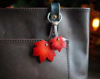Maple Leaf Leather Bag Charm Keychain / Fall Gift Ideas / Cute Key Accessories / Backpack Tote Purse Flair / Ren Faire LARP / Made In Canada