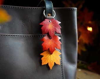 Fall Leather Maple Leaf Bag Charm | Handmade Autumn Leaf Keychain | Personalized Rustic Purse Accessory | Seasonal LARP Ren Faire Gift