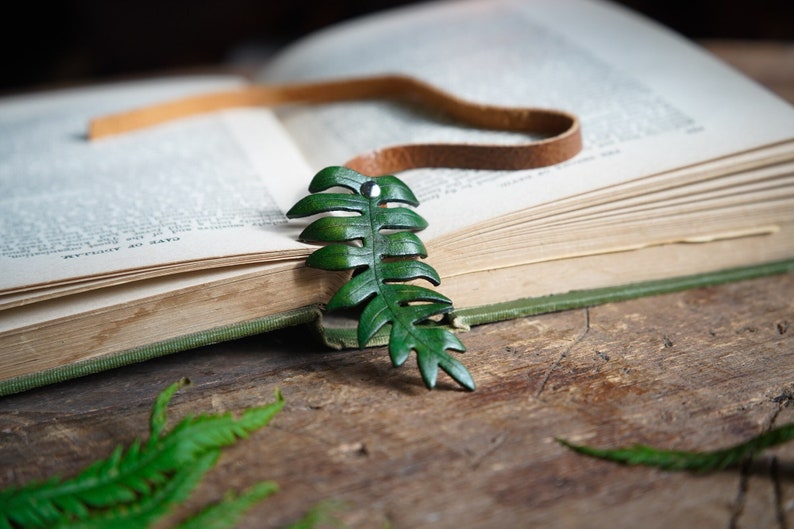 Fern Leather Bookmark / Handmade In Canada / Recycled Leather / Ostrich Fern / Wild Foraged Edible / Bibliophile / Gift For Reader / Fantasy image 1