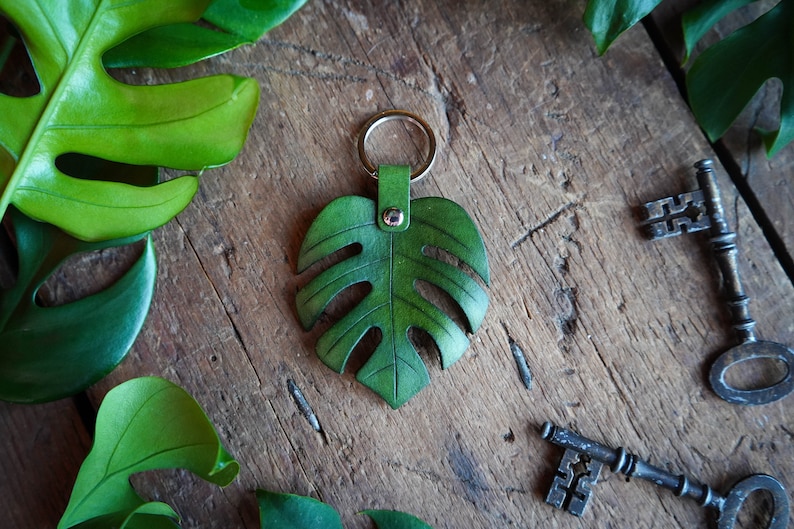 Monstera Leaf Leather Keychain Large / Gift Ideas / Cute Key Accessories / Houseplant Bag Charm / Every Day Carry / Made In Canada image 1