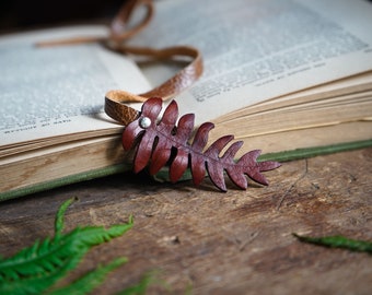 Brown Fern Leather Bookmark / Made In Canada / Recycled Leather Ostrich Fern /  Wild Foraged Edible / Bibliophile Gift For Reader Fantasy