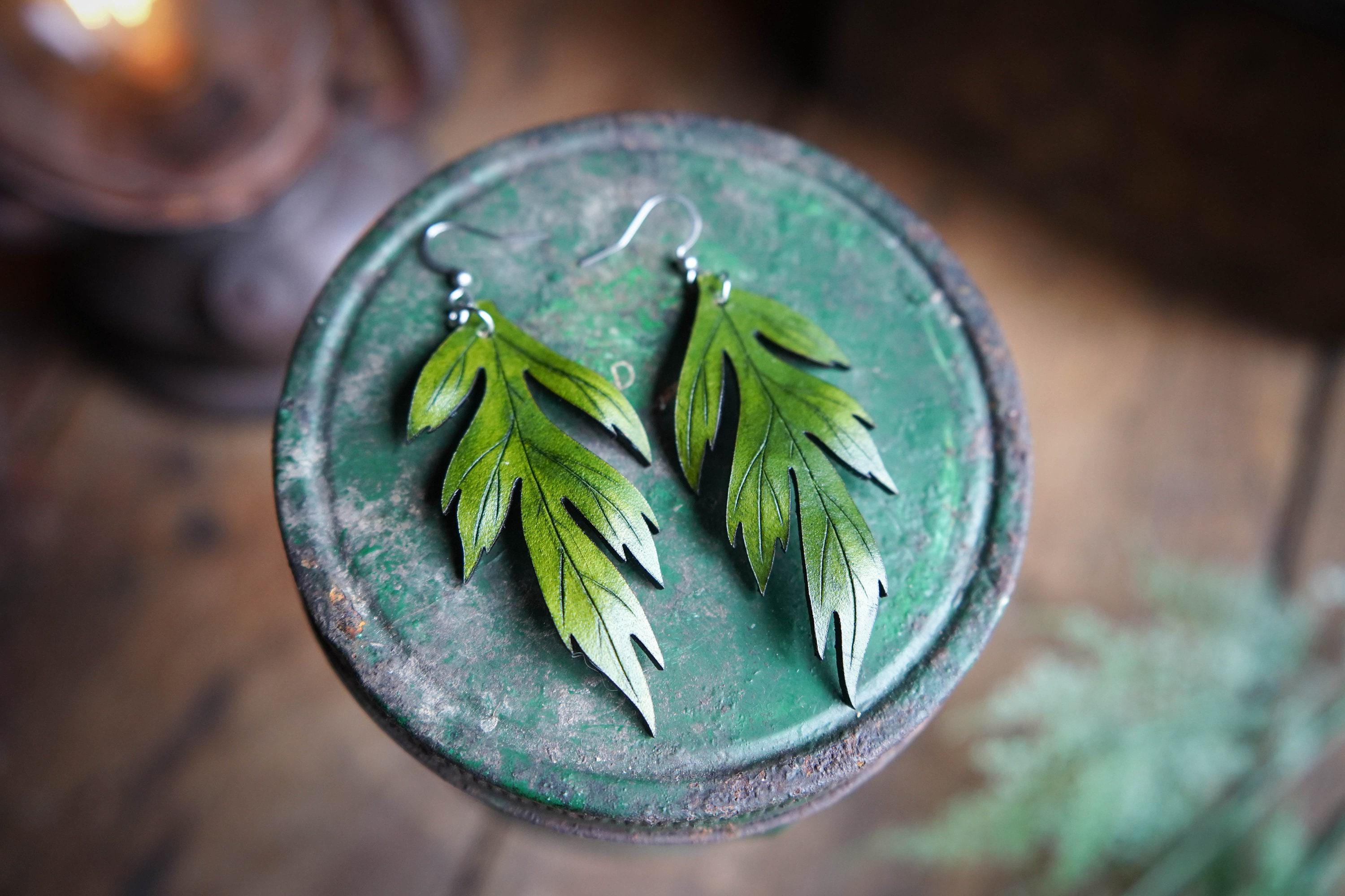 Mugwort Leather Earrings Green - Herbal Gift Ideas - Lunar Faerie Jewelry - Ren Faire LARP Accessories - Handmade Statement Earrings