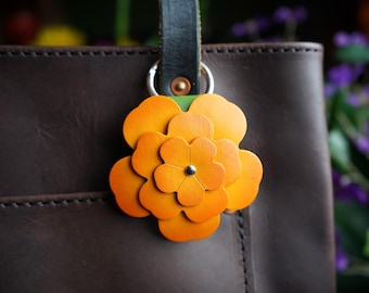 Yzikema Leather Flower Pendant Keyring - Boho Style Bag Charm, Brown/Black, 5.12" Long, For Women