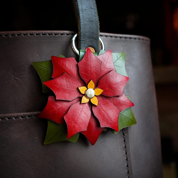 Poinsettia Leather Bag Charm / Christmas Tote Accessories / Handmade Holiday Gift Ideas / Purse Flair / Flower Tassel Keychain