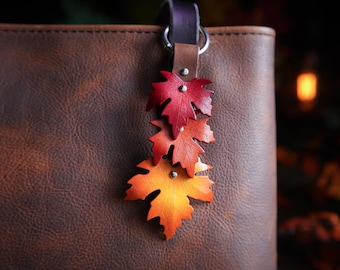 Sugar Maple Leaf Leather Bag Charm/ Fall Purse Flair / Pick Your Color Ring / Cute Tote Accessories / Autumn Keychain / Made In Canada