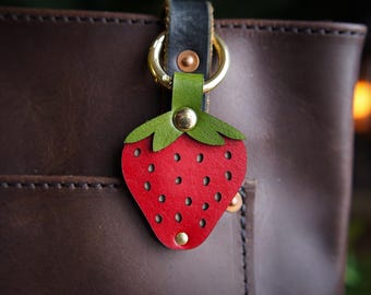 Strawberry Leather Bag Charm / Spring Keychain / Cute Fruit Purse Accessories / Garden Lover Gift / Tote Backpack Flair / Made In Canada